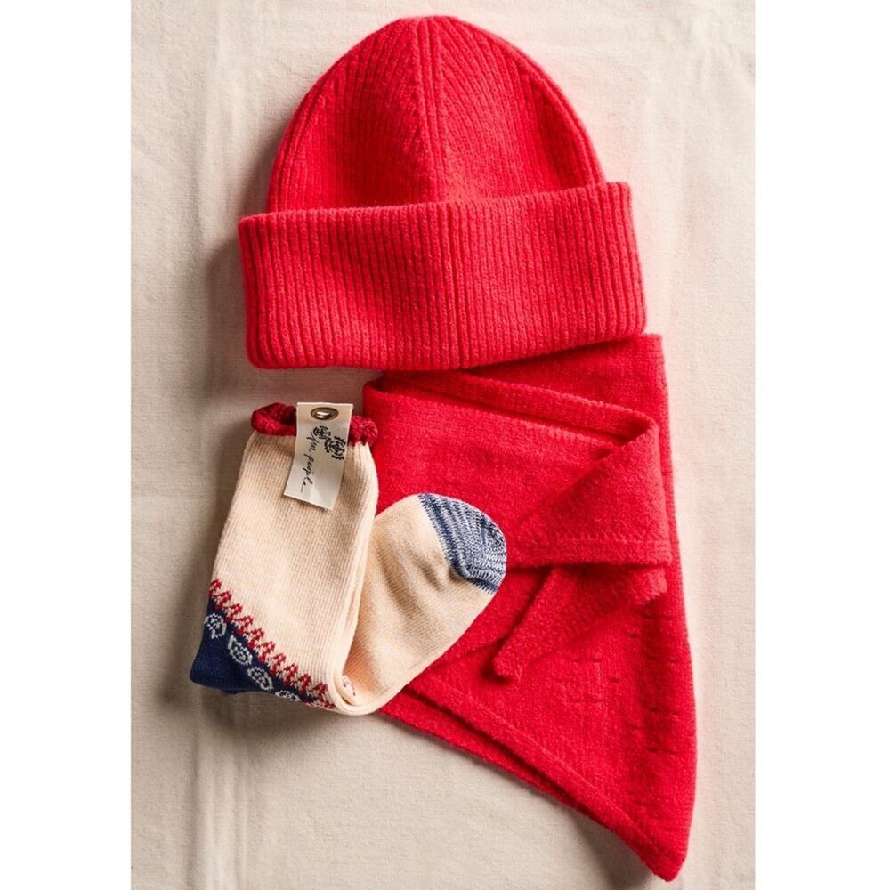Merry Free People Bundle in Red Beanie Hat, Neckerchief Scarf & Socks Gift Box - Picture 5 of 15